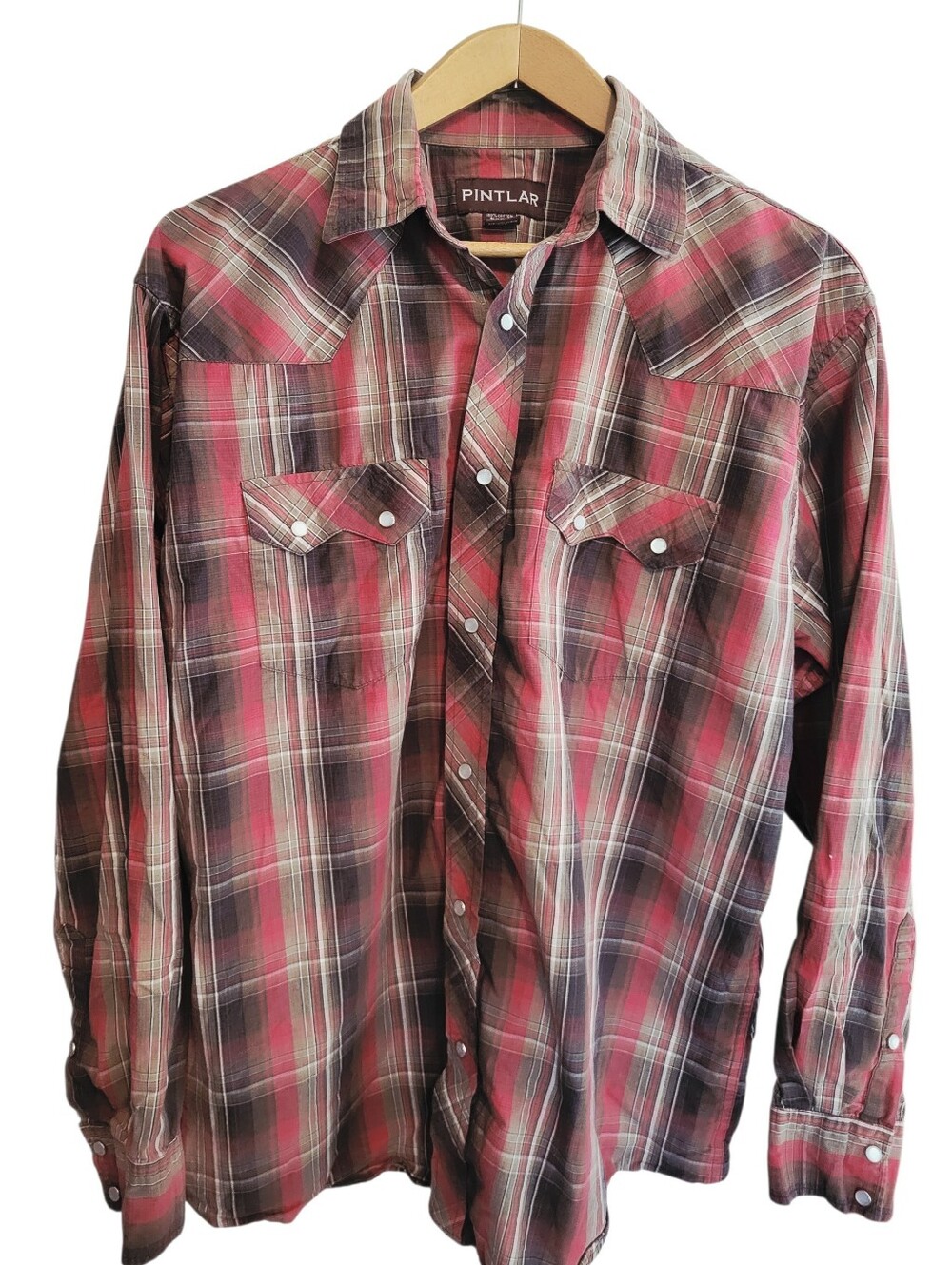 Pintlar Plaid Pearl Snap Western Shirt Men's Large Red Brown Long Sleeve Cotton